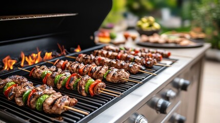 Naklejka premium Grilled Meat Skewers with Peppers on BBQ, flame, garden party , BBQ, skewers