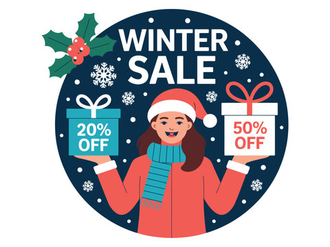 Woman wearing a Santa hat holds gift boxes with sale discounts during winter sale.