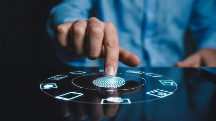 Fingerprint scanning on digital interface with surrounding icons for security and technology