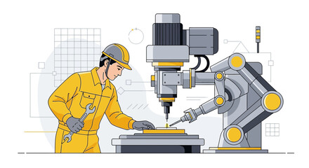 Technician oversees automated metalworking process with robotic arm for precise fabrication