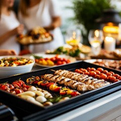 Obraz premium Grilled Skewers and Veggies Feast Outdoor Gathering, Food ,Grilling
