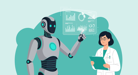 The future of medicine, with a robot doctor and human assistant exploring medical data analytics