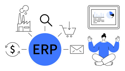 ERP central hub connects icons for factory, magnifier, shopping cart, currency, email, and analytics. Meditation for balance. Ideal for business, workflow integration tools strategy productivity