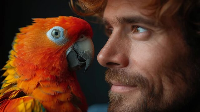 A man looks at his parrot up close
