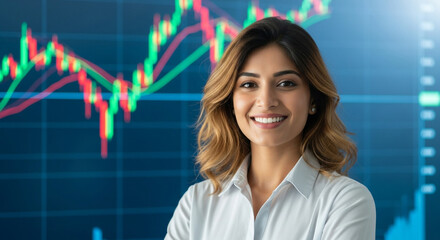 A smiling businesswoman with stock market chart background, conveying confidence and financial expertise