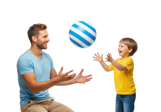 Father and son playing with a striped ball isolated on transparent background