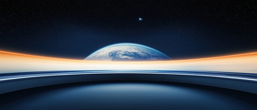 A horizontal space background with Earth at dusk featuring a blue and orange gradient sky and an empty center for product display with distant stars