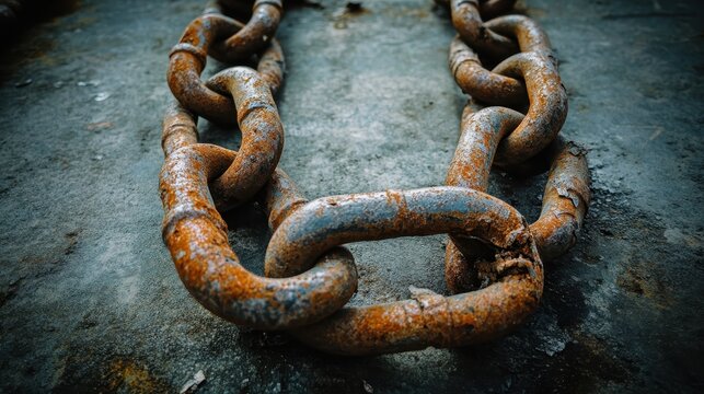 Close up of rusted and fused metal chain links showing weathered texture and industrial detail