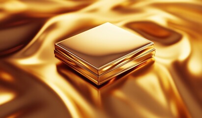 A square golden packaging box placed on a gold silk background with soft uniform lighting creating a warm and luxurious atmosphere