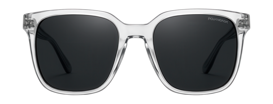 Large polarized sunglasses featuring clear frames and dark lenses.