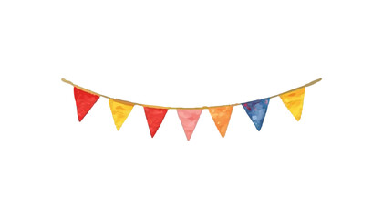 A cheerful hand-painted watercolor illustration of a festive bunting garland with colorful triangular flags, a playful decoration for a birthday celebration
