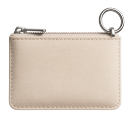 Canvas key pouch with zip closure and key ring attachment.