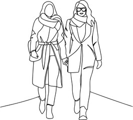 Two women line art walking together fashionably