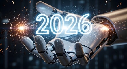 Futuristic Robotic Hand Holding the Year 2026, Technological Advancement Concept.