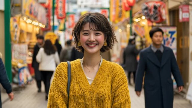 女性がマスタード色のVネックニットで賑やかな通りに笑顔を向ける