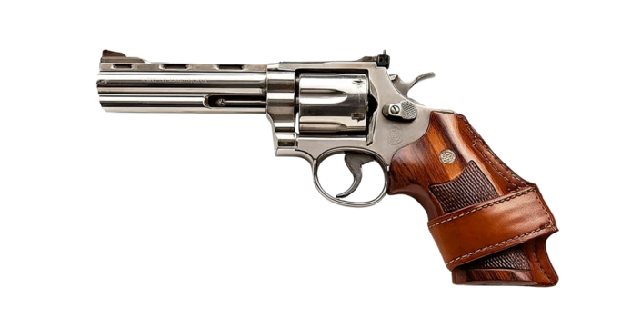  a revolver with wooden handles and silver metal, against a white background, in side view, high-resolution product photography, with studio lighting, no shadows or reflections, isolated on the edges 