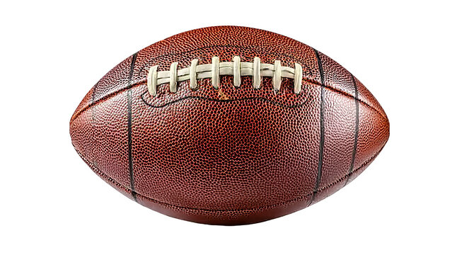 photo of an american football on a white background, isolated with a clipping path. a classic brown leather american football with white stripes. close-up view of the top half of the ball. isolated on - Powered by Adobe