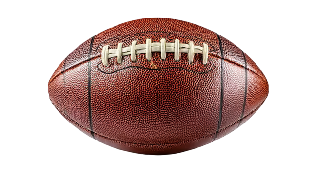 photo of an american football on a white background, isolated with a clipping path. a classic brown leather american football with white stripes. close-up view of the top half of the ball. isolated on