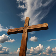 A handmade wooden cross over sky