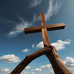 A handmade wooden cross over sky