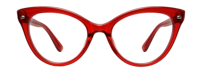 Red cat-eye glasses with clear frames and silver accents.