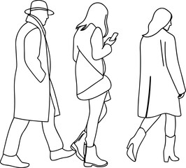 Walking stylish people wearing coats line art illustration