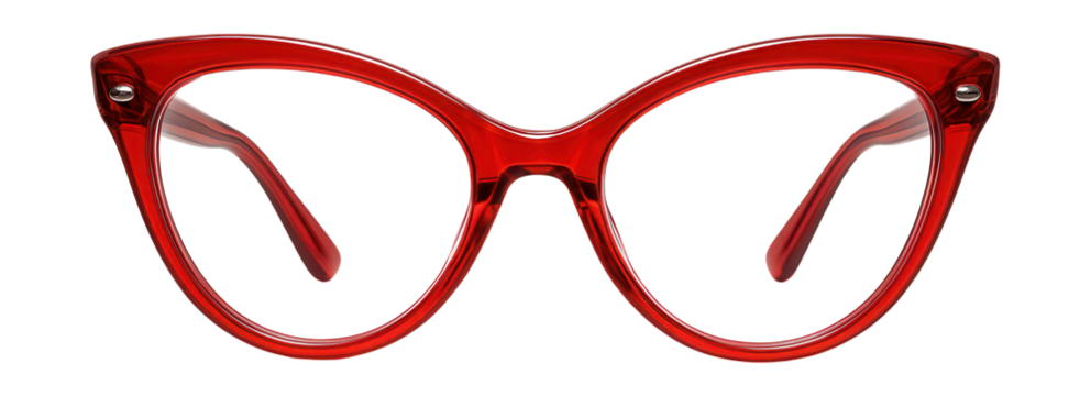 Red cat-eye glasses with clear frames and silver accents.
