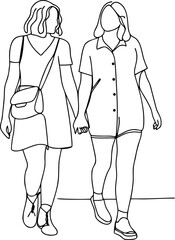 Two women walking together holding hands line art