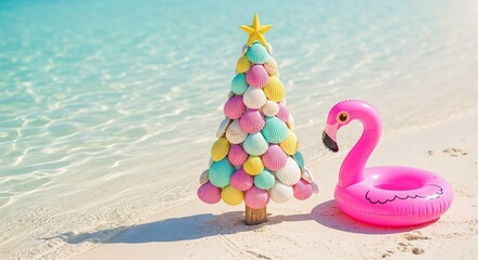 Colorful Christmas tree and pink flamingo at beach by the water  