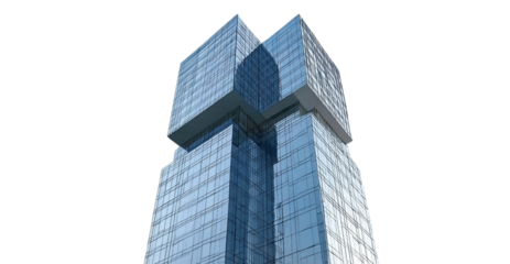  a tall building with glass curtain walls, featuring two square cube structures stacked on top of each other and reaching the height of three floors. the exterior wall is made up entirely of blue alum