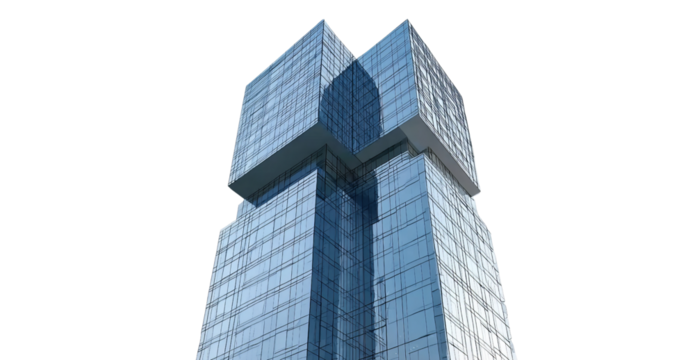  a tall building with glass curtain walls, featuring two square cube structures stacked on top of each other and reaching the height of three floors. the exterior wall is made up entirely of blue alum