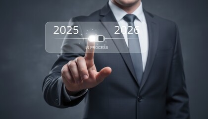 Professional Man in a Dark Suit Interacting with a Futuristic Timeline Overlay