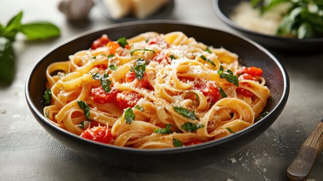 Close up view of pasta dish with creamy garlic sauce and parmesan