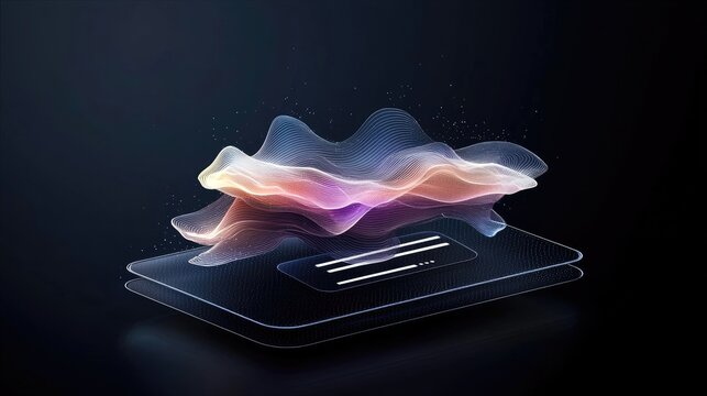 A 3D visualization of abstract sound waves in vibrant colors hovers above layered transparent screens, with small glowing particles scattered around. - Powered by Adobe