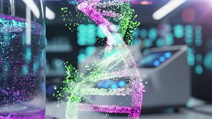 Colorful dna double helix molecule visualization with particle effects in laboratory setting. Genetics research biotechnology concept. medical science, molecular biology, genomics, pharmaceutical - Powered by Adobe