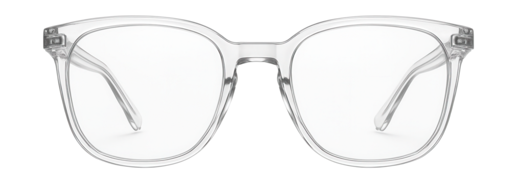Large clear reading glasses with see-through frames.