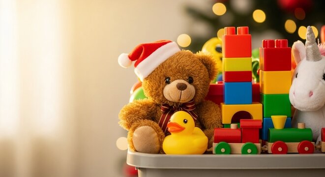 Cute teddy bear with toys on tabletop decorated for Christmas and for a holiday toy drive, Christmas charity