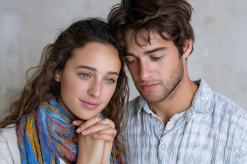 Young couple with expressive emotions, gazing at each other, showcasing connection and intimacy, with soft lighting and neutral background enhancing the romantic atmosphere