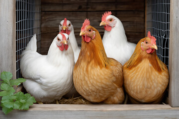 Group of colorful chickens, including white and brown varieties, gathered in a cozy coop, showcasing their vibrant feathers and friendly demeanor in a rustic setting