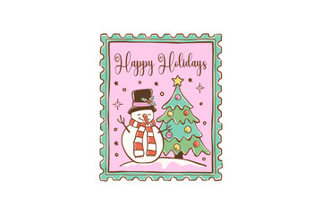Happy Holidays Snowman and Christmas Tree Stamp pink frame illustration Sublimation design