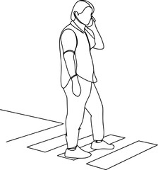 Woman on the phone crossing street one line