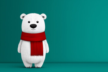 Polar bear illustration wearing a bright red scarf stands against a teal background, creating a cheerful and festive atmosphere for winter-themed designs and holiday projects