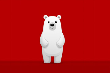 Cute polar bear illustration standing upright against a vibrant red background, showcasing a playful and friendly character with a charming expression and cartoonish features