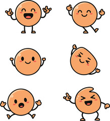 A set of six simple, round, orange cartoon characters (or blobs/emojis) with small limbs, displaying various exaggerated and cheerful expressions and poses.