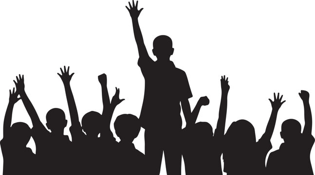 Silhouette crowd with raised hands cheering or celebrating people