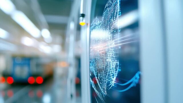 Digital World: Inside a modern data center, a screen displays a glowing globe, its digital threads weaving a complex network across the world.