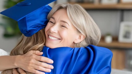 A heartwarming moment as a proud older woman hugs a happy graduate in a blue cap and gown.