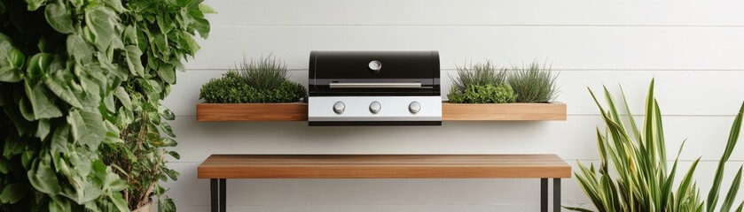 Obraz premium Modern Outdoor Grill Station with Wood Details and Greenery, BBQ ,Outdoor Kitchen