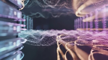Digital database servers. Abstract technology concept with particle waves, data flow. Perfect for cloud computing, blockchain, bigdata storage, fintech - Powered by Adobe