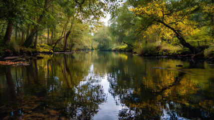 Serene river reflecting autumn forest trees in golden light